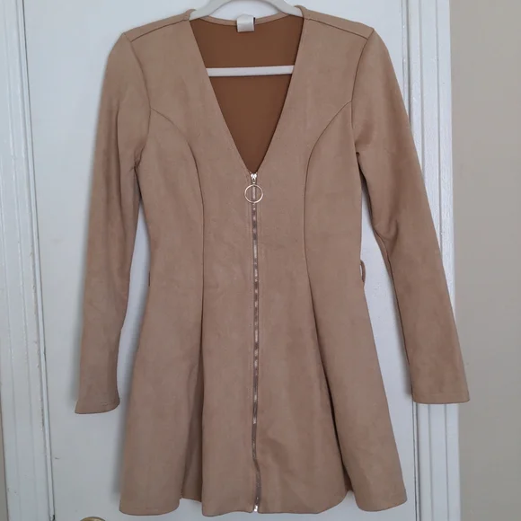 Windsor Dresses | Suede Tan Zip Up Long Sleeve Skater Dress | Color: Cream/Tan | Size: S | Jazamina's Closet